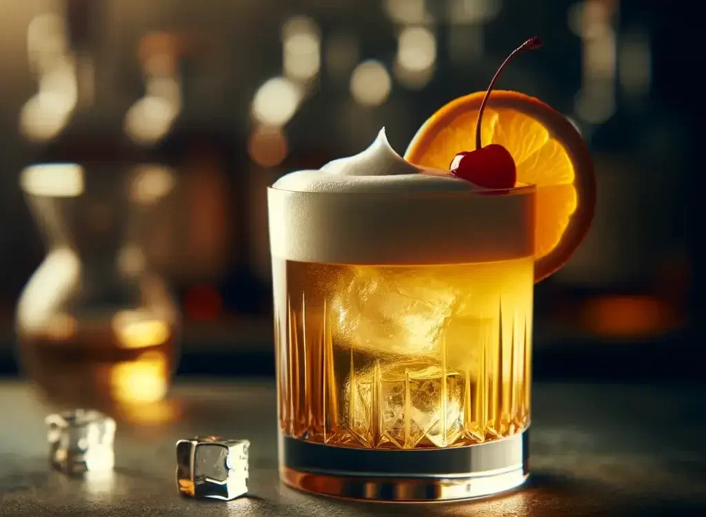 Whiskey sour koktel ukrašen kandiranom višnjom i limunom.2