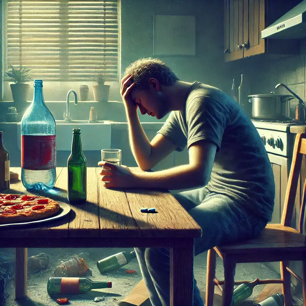 Prikaz čoveka koji se drži za glavu nakon preterane konzumacije alkohola.